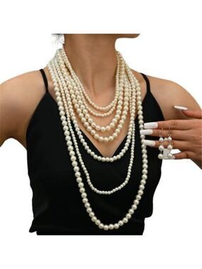 Long Lab Pearl Necklace Layered Pearls and Earrings Set Pearl Body Jewelry
